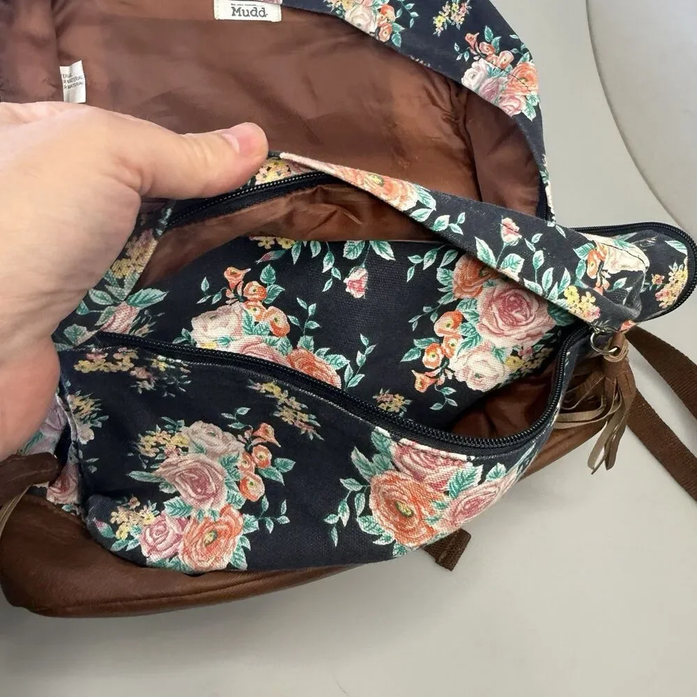 MUDD Backpack Canvas Navy Blue Floral Tassel Pulls Faux Leather EUC